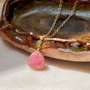 Gold Filled Wire Wrapped Pink Sapphire Teardrop Slice Necklace